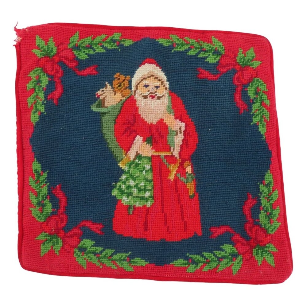 VTG Santa Claus Father Christmas Papa Noel Needlepoint Pillow Sham Zipper Xmas